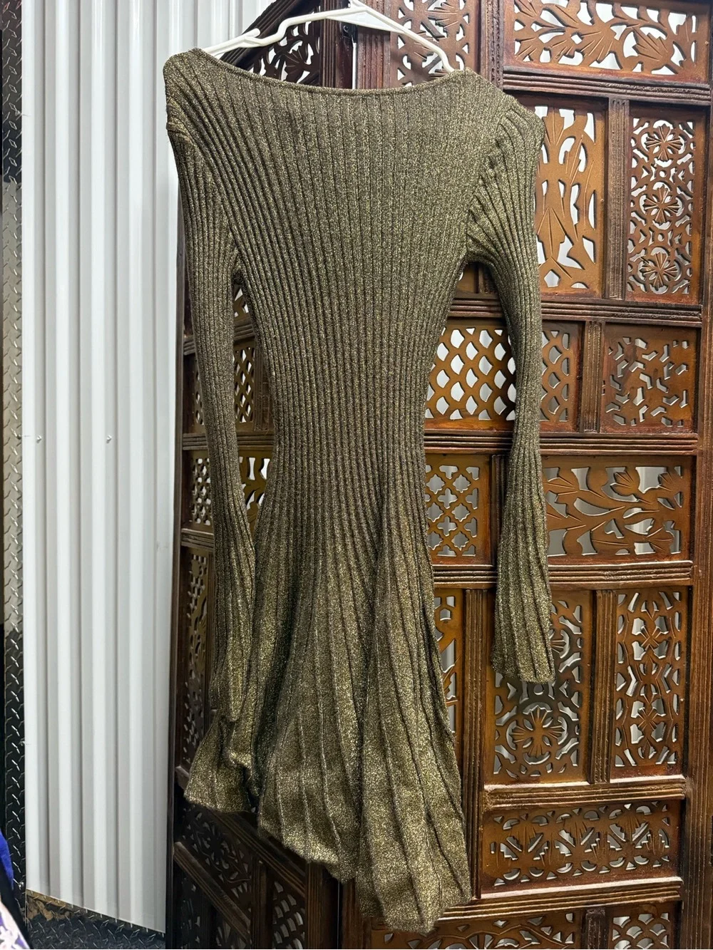 STAUD Olive Metallic Ribbed Scoop-Neck Long-Sleeve Dress - Picture 2 of 5